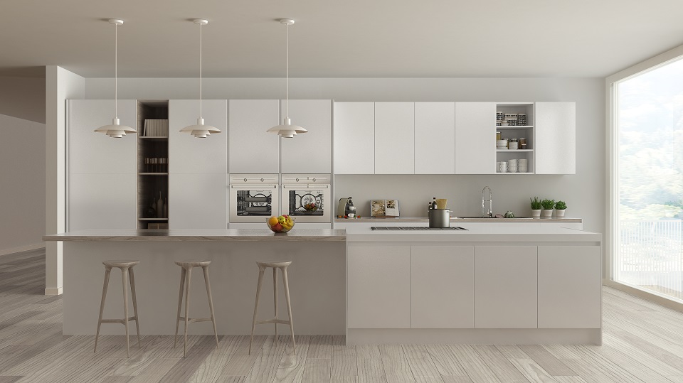 Scandinavian white kitchen with wooden and white details, minimalistic interior design, 3d illustration